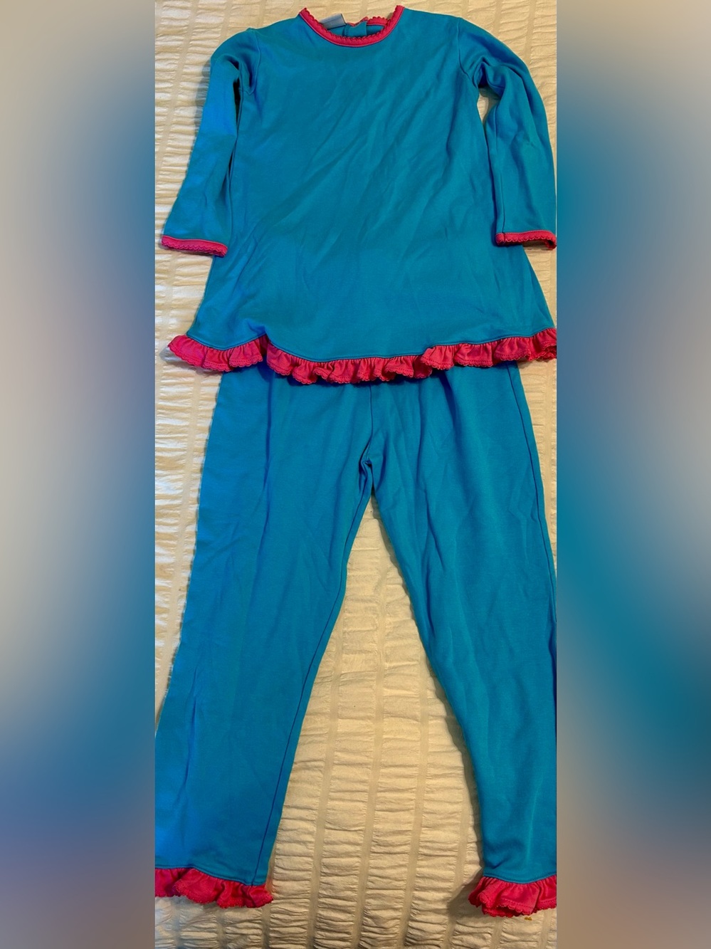 Girls' Bright Turquoise Pajama Set with Pink Ruffle Trim